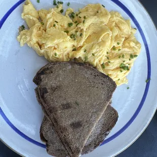 eggs &amp; toast (2 soft scrambled farm eggs, chives, 2 slices gf buckwheat sourdough toast w/ grass-fed butter)