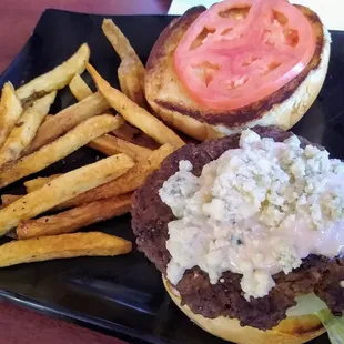 Black and Bleu burger with hand cut fries
