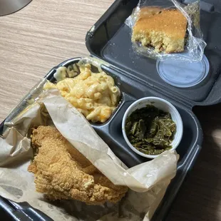 Catfish, Mac and cheese, greens, cornbread