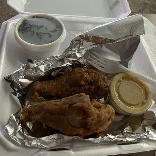 Black restaurant week special. Fried breast and drumstick w/ honey mustard, turnip greens