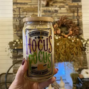 Super cute Halloween glass with seasonal iced coffee. Delicious!