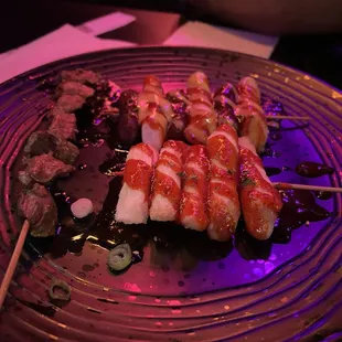 Gizzard, rice cake. Sausage skewer