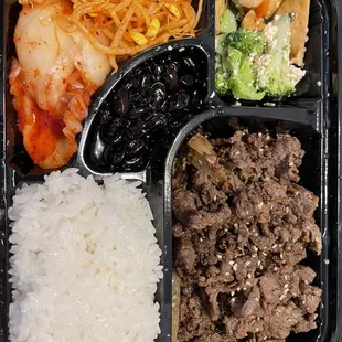 Bulgogi lunch combo take out.  Also comes with a pack of seasoned seaweed and a small Korean stew for $9.99