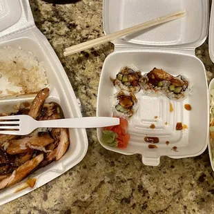 Chicken Teriyaki, Shrimp Tempura Roll, side salad