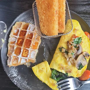 Croffle, Veggie Omlette, and Hash Browns