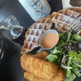 Chicken and Waffles with spring mix.