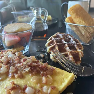 Meat Omelette and waffle