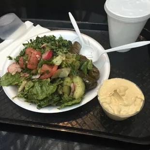 Fattoush, Tabbouli, Grape Leaves and a side of hummus.