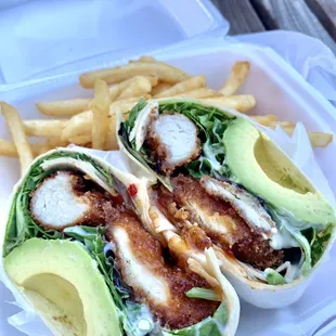 a chicken wrap and french fries