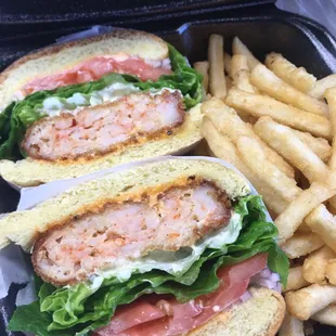 Shrimp burger with fries