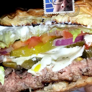 Well seared, yet still tender and very juicy burger..