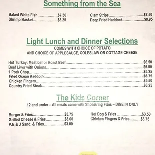 the menu for the kids's corner
