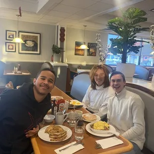 Farmer skillet, raisin bread French toast, the New York strip steak, and 3 best friends