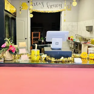 a bakery counter with a machine