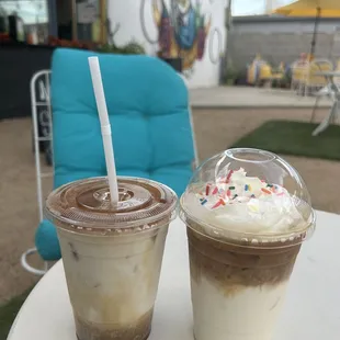 Brown sugar oat milk latte and birthday cake oat milk latte