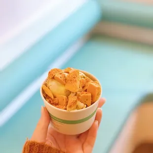 a person holding a bowl of honeycombery