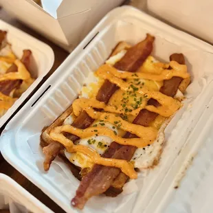 bacon and cheese on a waffle