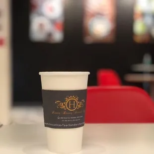 a coffee cup on a table