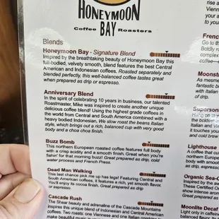 menu for honeymoon bay coffee roasters