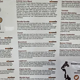 Whole bean menu