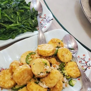 Egg tofu salt and pepper,  peapod leaf pan fried with garlic.