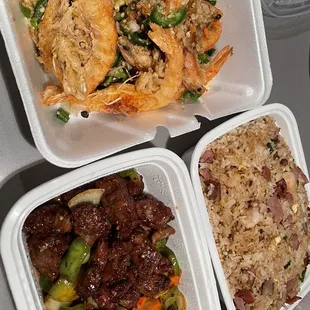 Pepper beef, combination fried rice, salt &amp; pepper shrimp