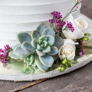 3 Tiered Wedding Cake with Succulents and Roses