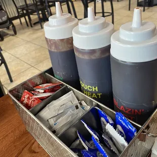 3 selections of BBQ sauce from sweet to very spicy.