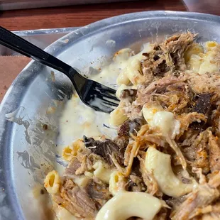 Mac n Cheese topped with pork