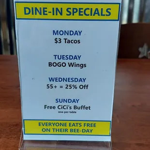Menu, specials