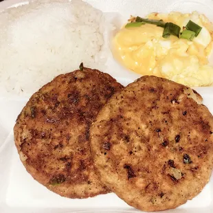 Salmon Croquettes breakfast with white rice and scrambled eggs