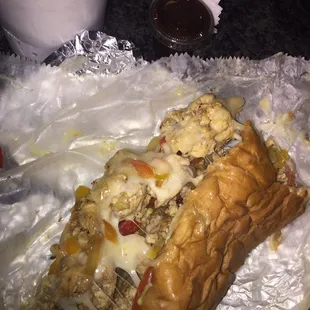 Not the best photo but philly chicken cheese steak. Delicious; tender chicken, soft bread and plenty cheese!