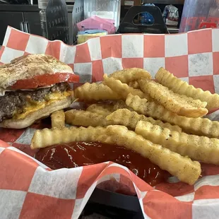Cheeseburger with fries for double the price of the menu.