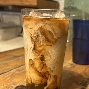 Ice coffee with caramel and cream