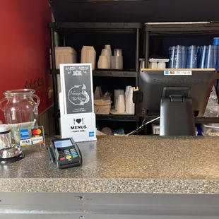 a counter with a phone on it