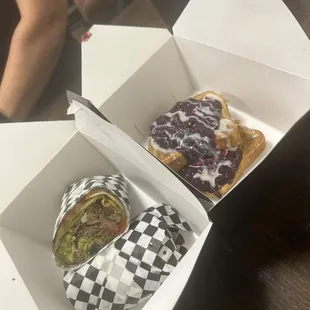 Delicious burrito and French toast.