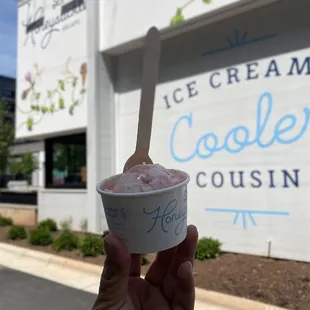 a hand holding a cup of ice cream