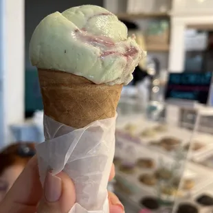 Lemon, Basil, Blackberry in a waffle cone