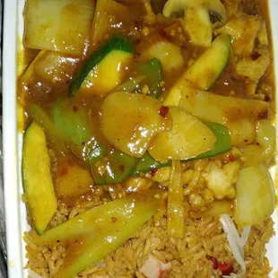 a dish of rice and vegetables