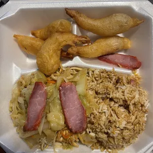 Combination plate number 3: fried shrimp, pork chow mein, pork fried rice.