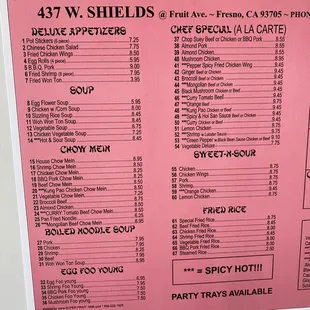 Updated menu pricing as of 07/20/2022