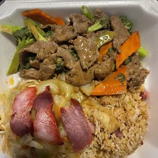 Combination number 6: broccoli beef, pork fried rice, and pork chow mein.