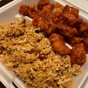 Plate order of orange chicken with fried rice
