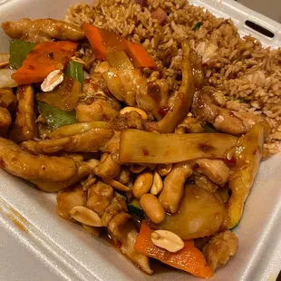 Plate order of kung pao chicken and fried rice