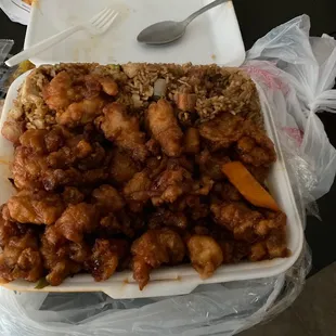 a plate of fried chicken with rice and carrots