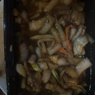 Onions. I barely could find the Mongolian beef