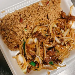 Mongolian beef combo with pork fried rice and an egg roll (not in picture)