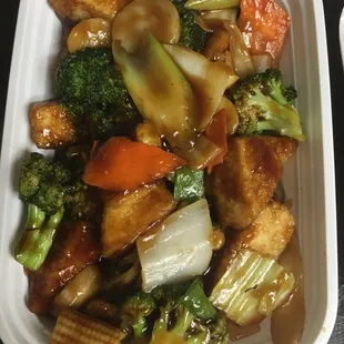 Buddhist delight. Lots of tofu. The corn was vinegary and smelled/tasted off.