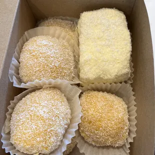Mango mochi (yummy) and coconut cake (too sweet and not coconuty)