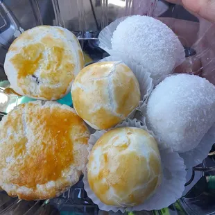 Coconut mochi (white balls on the top right), various pastries